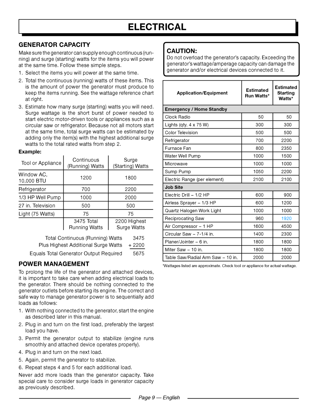 Homelite HGCA5700 manuel dutilisation Generator Capacity, Power Management, Example, English 