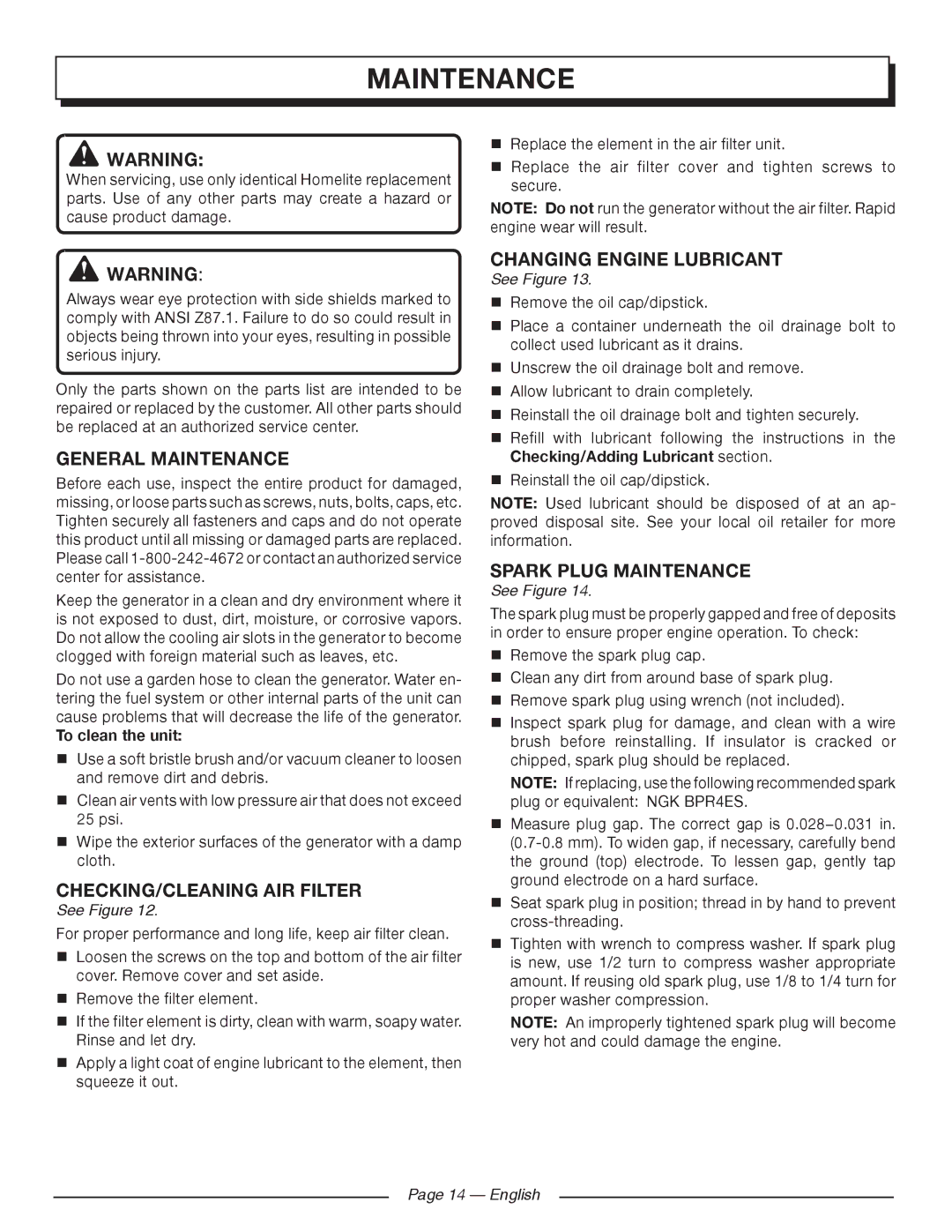 Homelite HGCA5700 General Maintenance, Checking/CLEANING AIR Filter, Changing engine lubricant, Spark plug maintenance 