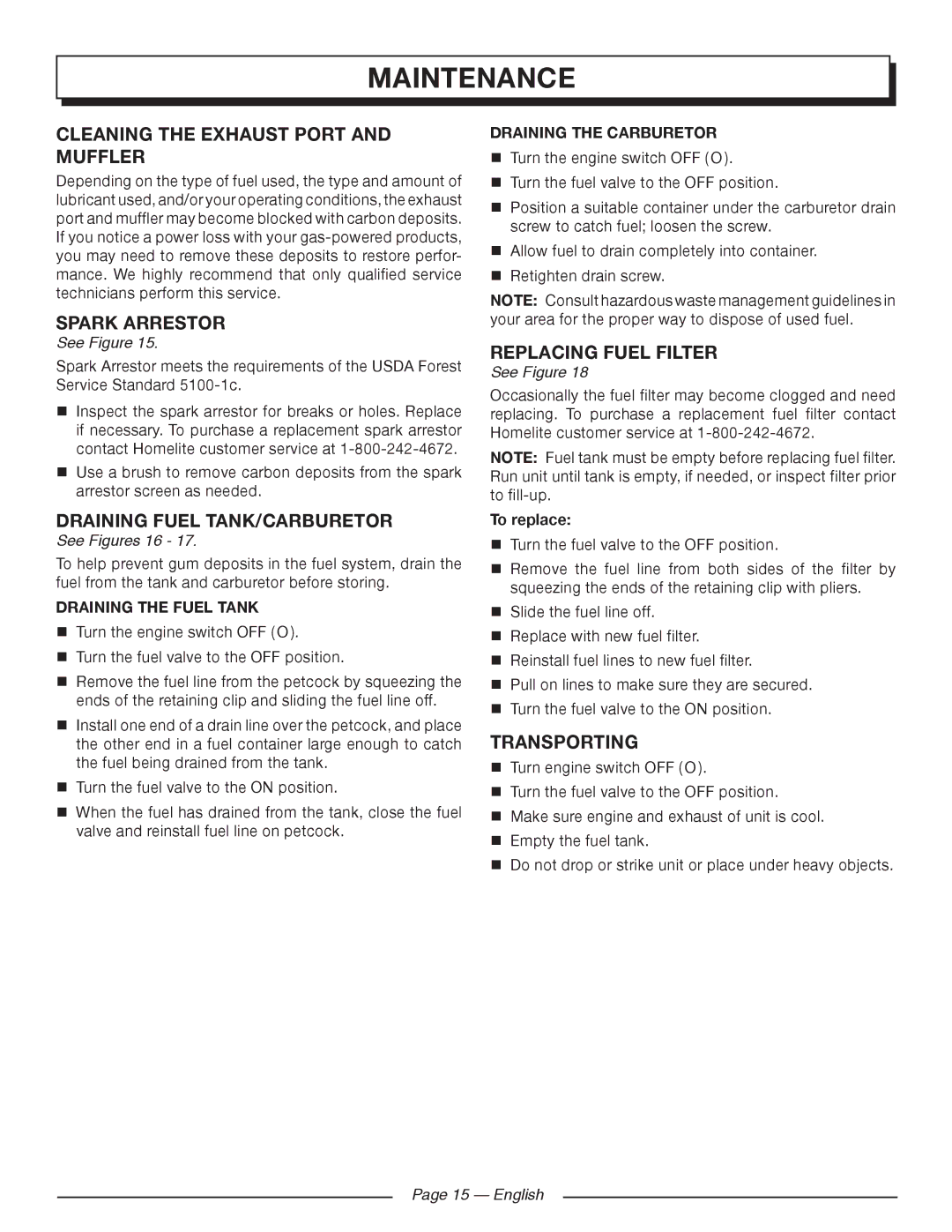 Homelite HGCA5700 Cleaning the Exhaust Port and Muffler, Spark arrestor, Draining fuel tank/carburetor, Transporting 