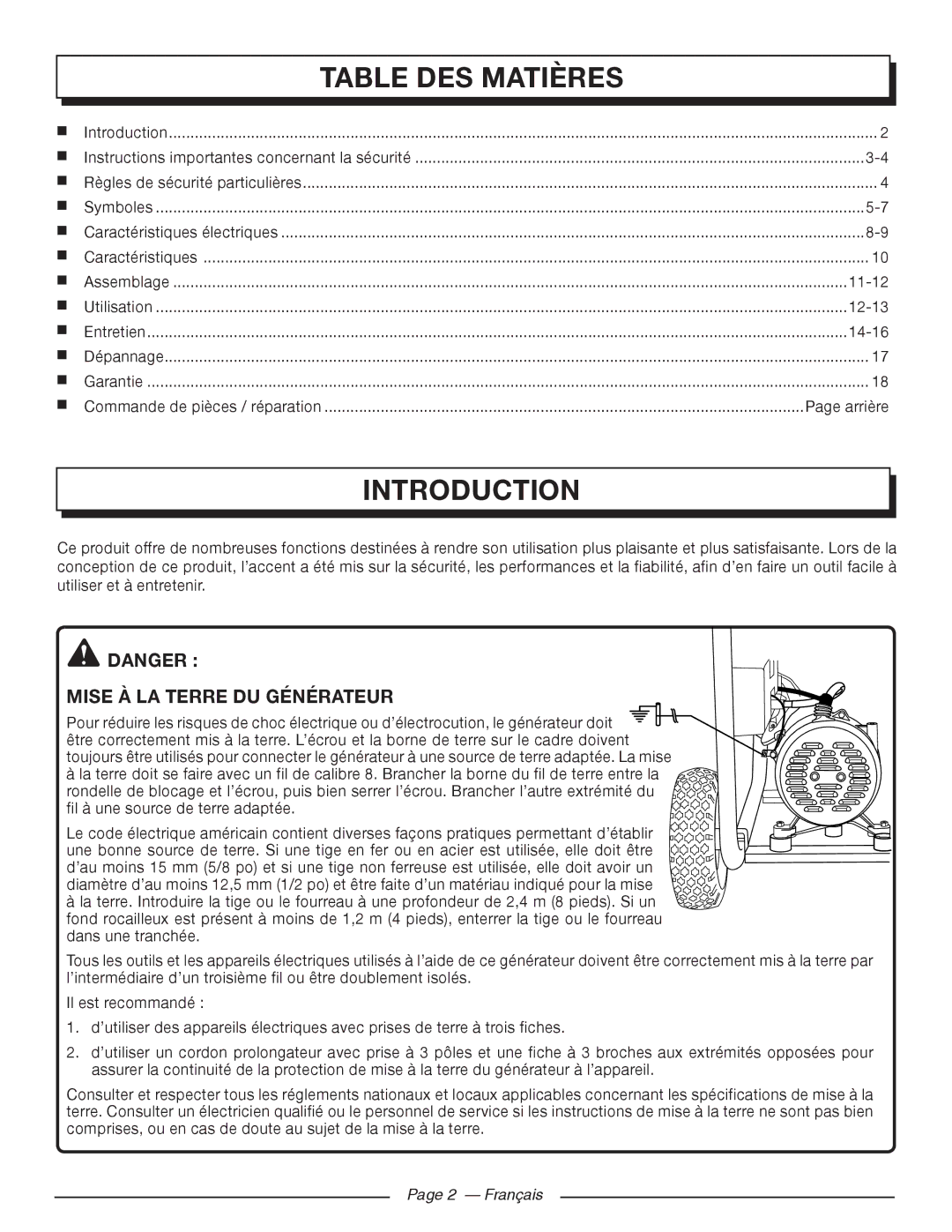 Homelite HGCA5700 manuel dutilisation Table DES Matières, Introduction, Mise À LA Terre DU Générateur, Français 