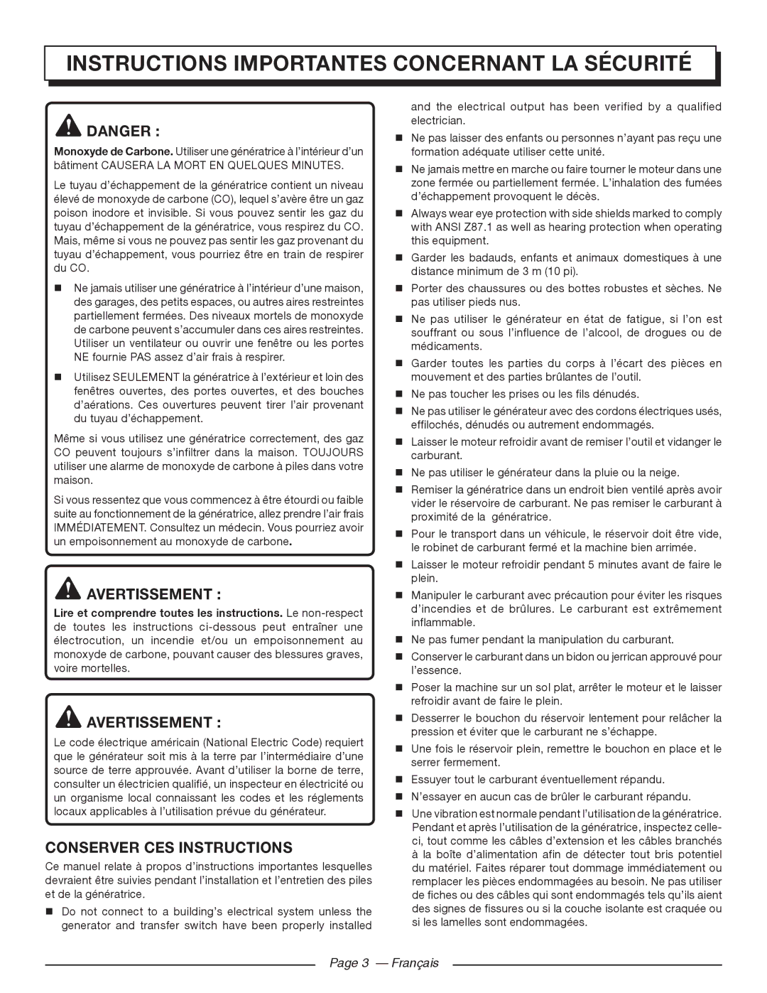 Homelite HGCA5700 manuel dutilisation Avertissement, Conserver CES Instructions, Français 