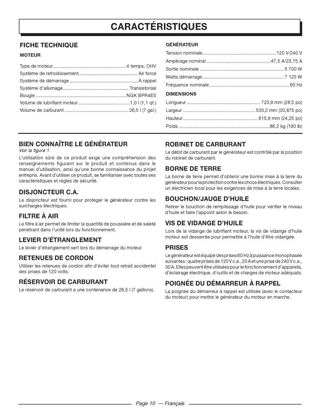 Homelite HGCA5700 manuel dutilisation Caractéristiques 