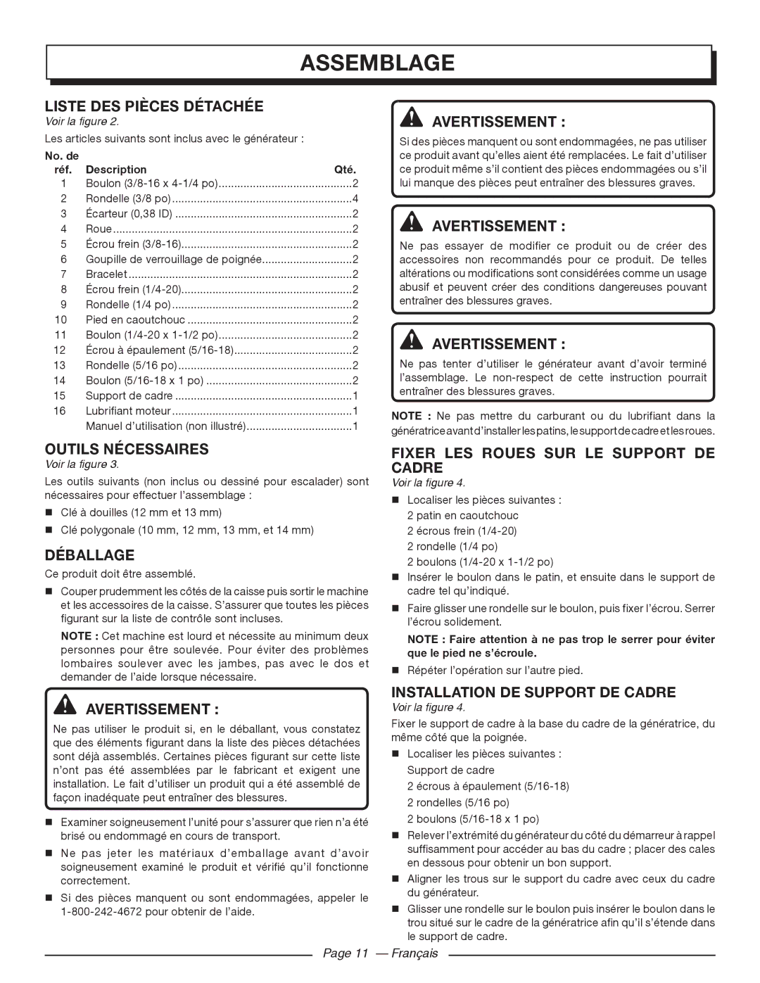 Homelite HGCA5700 Assemblage, Déballage, Fixer LES Roues SUR LE Support DE Cadre, Installation DE Support DE Cadre 