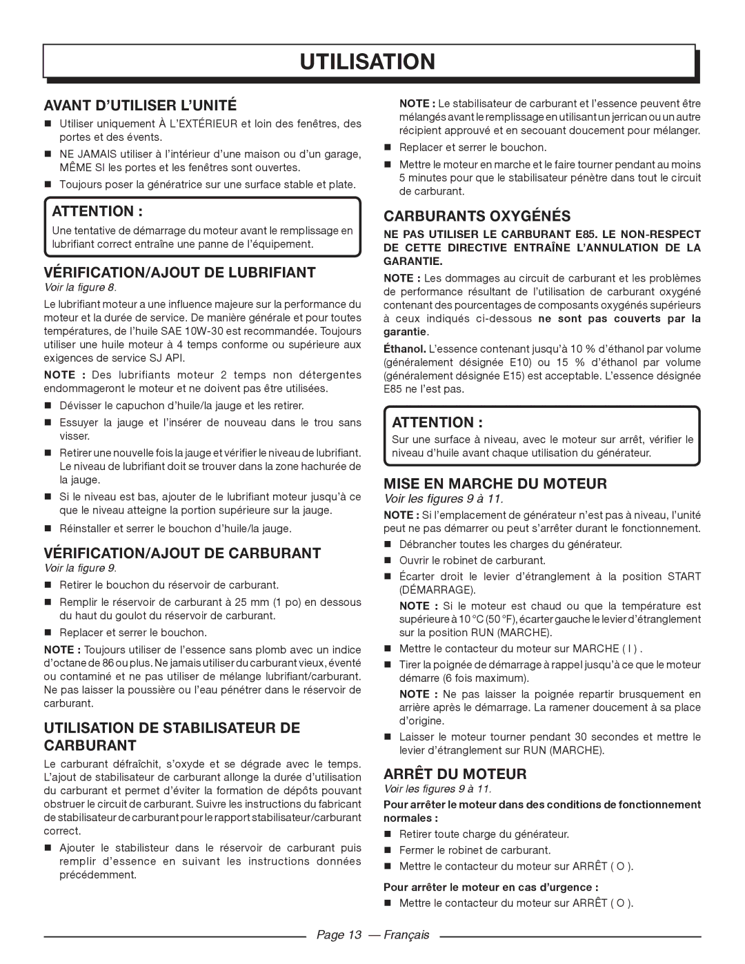 Homelite HGCA5700 Avant D’UTILISER L’UNITÉ, VÉRIFICATION/AJOUT DE Carburant, Utilisation DE Stabilisateur DE Carburant 