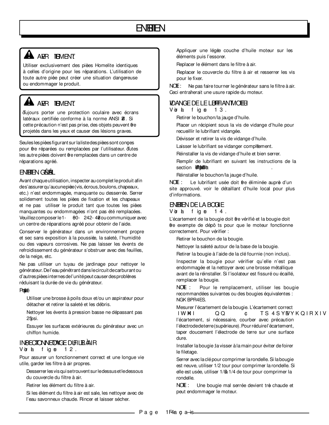 Homelite HGCA5700 Entretien Général, INSPECTION/NETTOYAGE DU Filtre À AIR, Vidange DE Le lubrifiant Moteur 