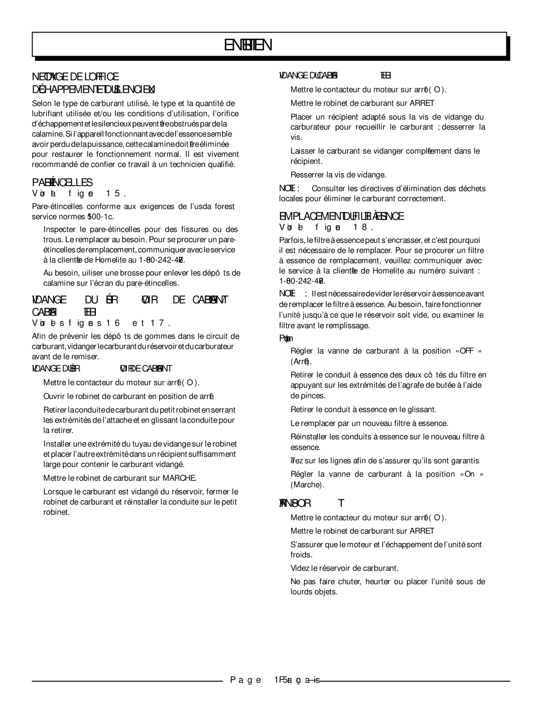 Homelite HGCA5700 Nettoyage DE L’ORIFICE D’ÉCHAPPEMENT ET DU Silencieux, Pare-Étincelles, Remplacement DU Filtre À Essence 