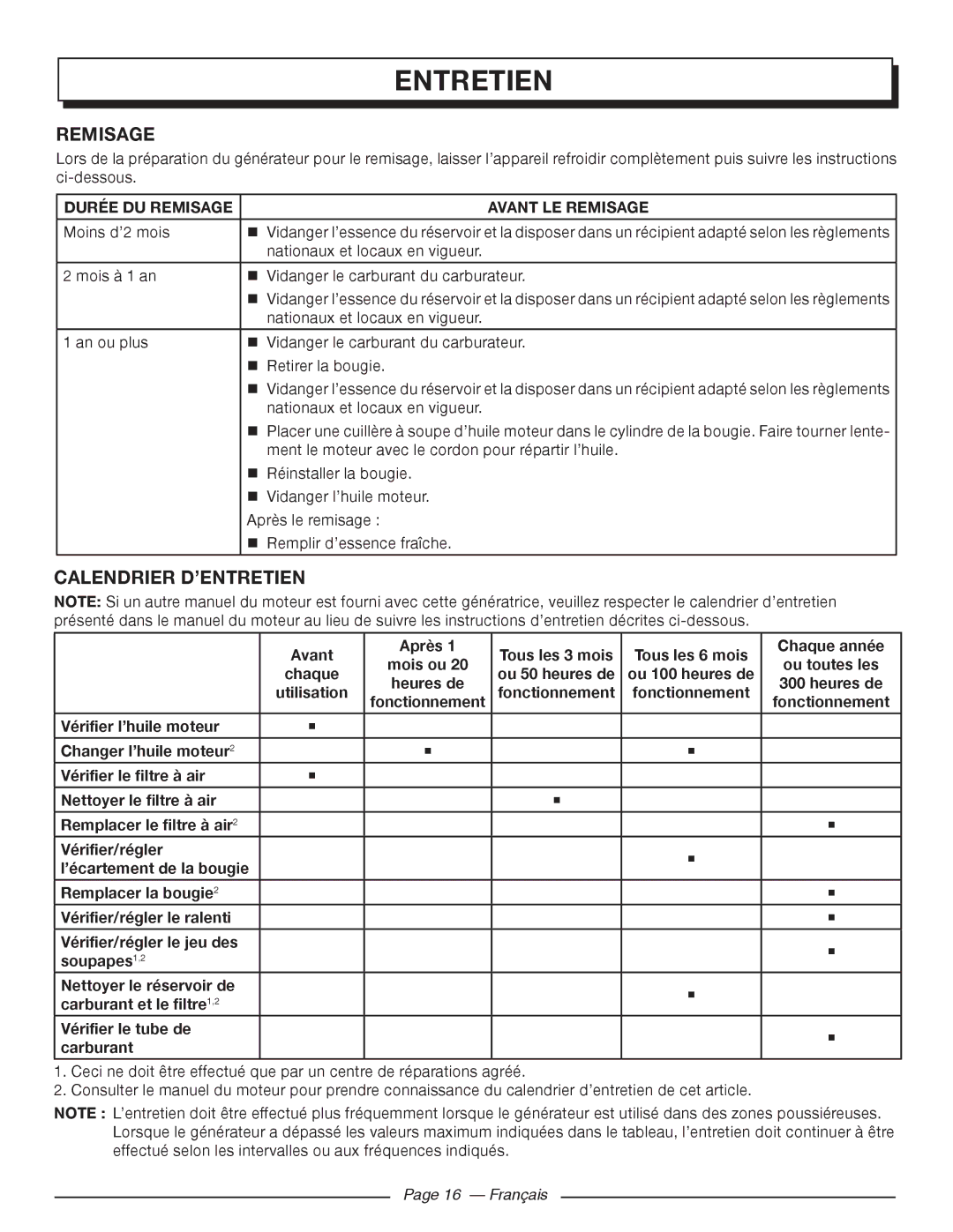 Homelite HGCA5700 manuel dutilisation Calendrier D’ENTRETIEN, Durée DU Remisage Avant LE Remisage, Français 