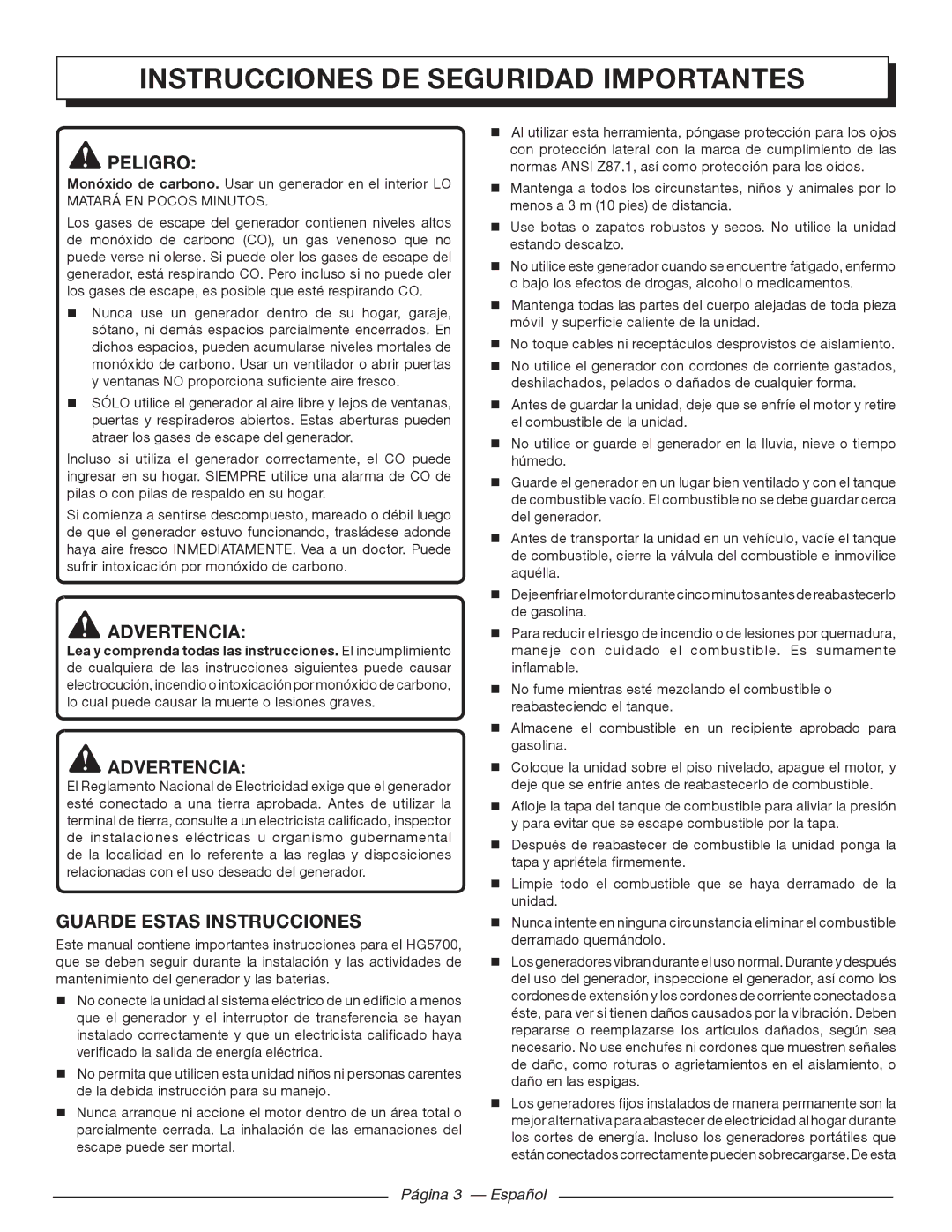 Homelite HGCA5700 Instrucciones de seguridad importantes, Peligro, Advertencia, Guarde Estas Instrucciones 