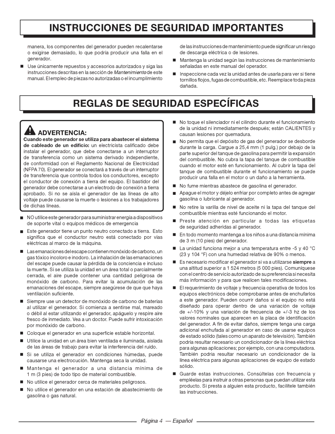 Homelite HGCA5700 manuel dutilisation Reglas DE Seguridad Específicas, Página 4 Español 