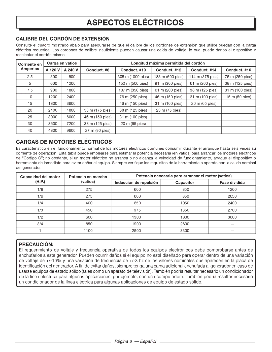 Homelite HGCA5700 manuel dutilisation Aspectos eléctricos, Cargas de motores eléctricos, Precaución, Página 8 Español 