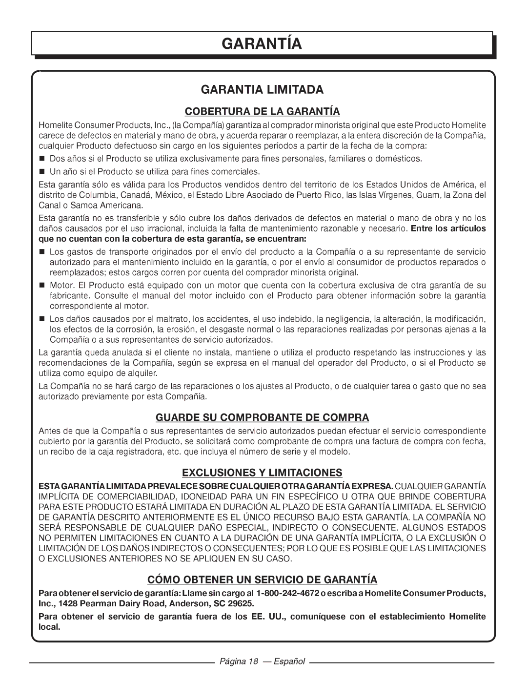 Homelite HGCA5700 Cobertura DE LA Garantía, Guarde SU Comprobante DE Compra, Exclusiones Y Limitaciones 