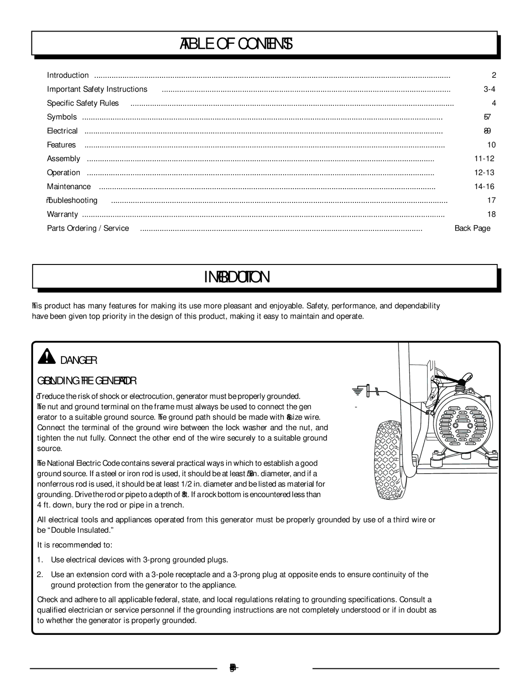 Homelite HGCA5700 manuel dutilisation Introduction, Table of Contents 