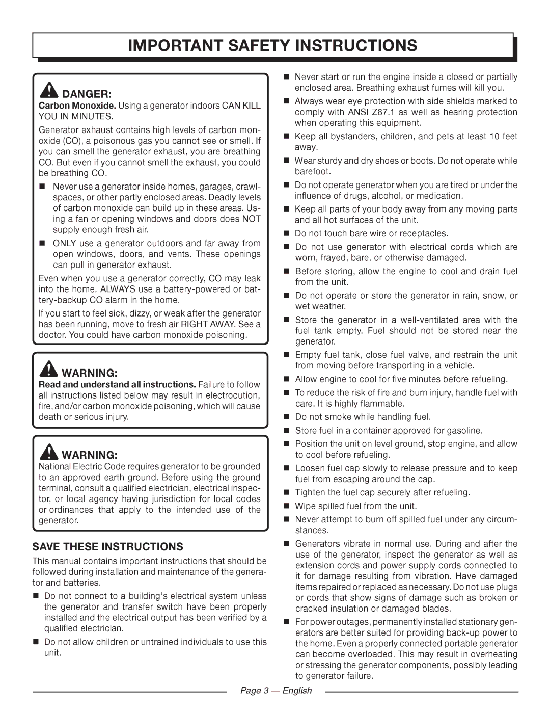 Homelite HGCA5700 manuel dutilisation Important safety instructions, English 