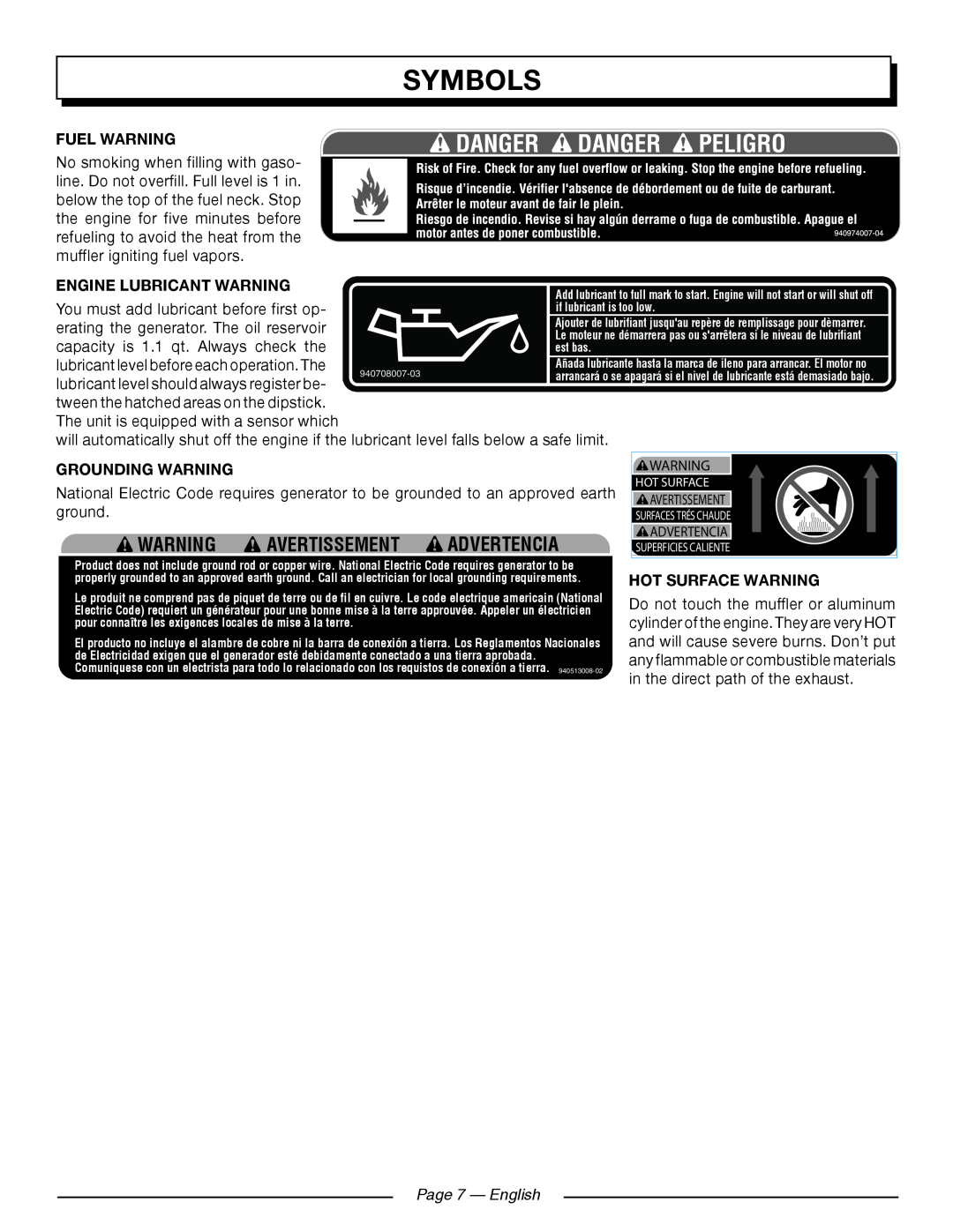 Homelite HGCA5700 Warning Avertissement Advertencia, Page 7 — English, Symbols, Fuel warning, engine LUBRICANT warning 