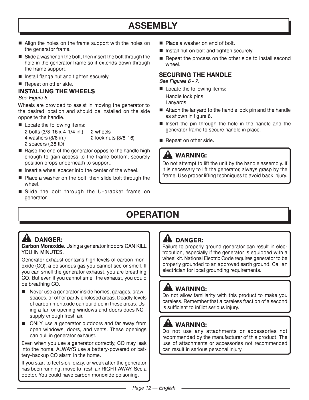 Homelite HGCA5700 operation, installing the wheels, securing the handle, danger, See Figures 6, Page 12 — English, Danger 