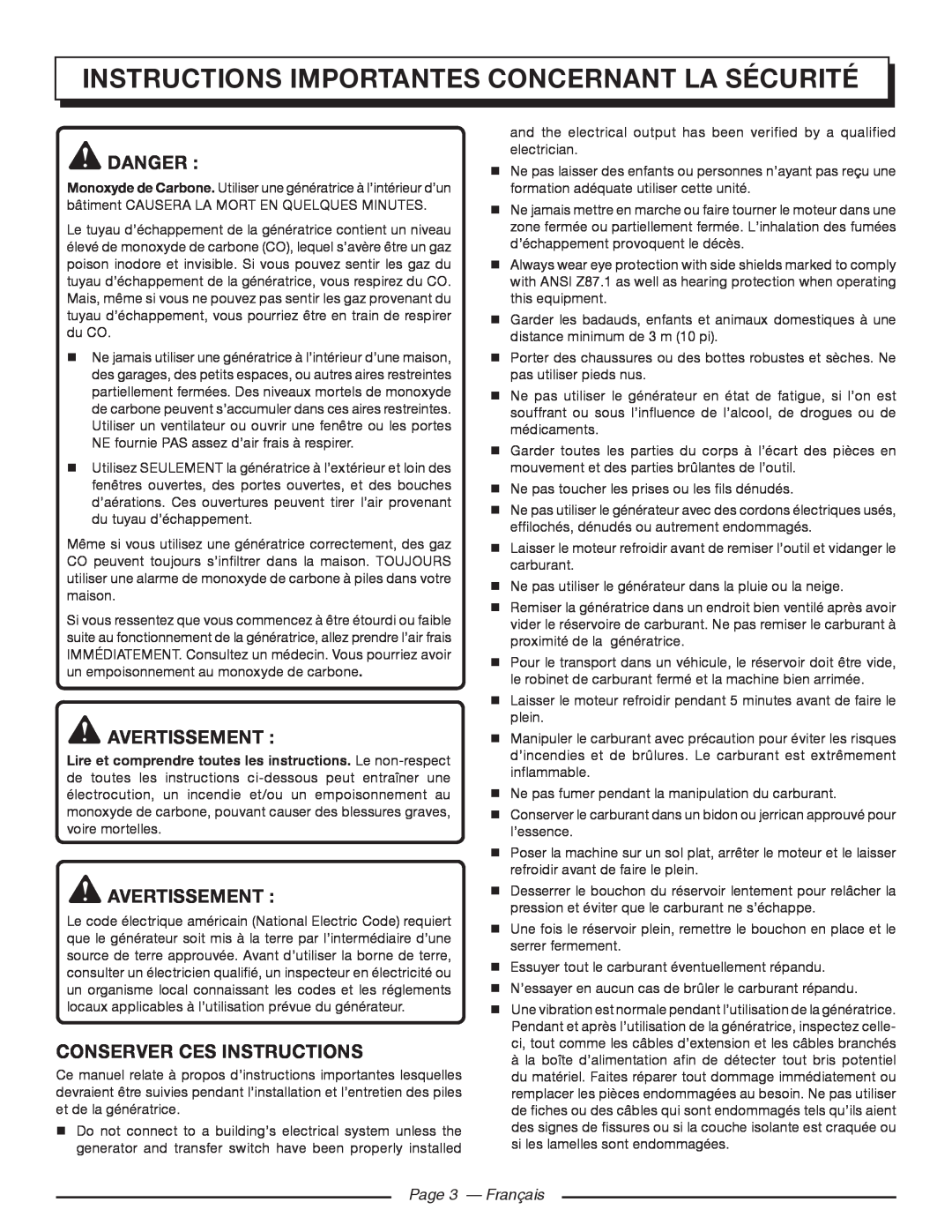 Homelite HGCA5700 Instructions Importantes Concernant La Sécurité, Avertissement, Conserver Ces Instructions, Danger 