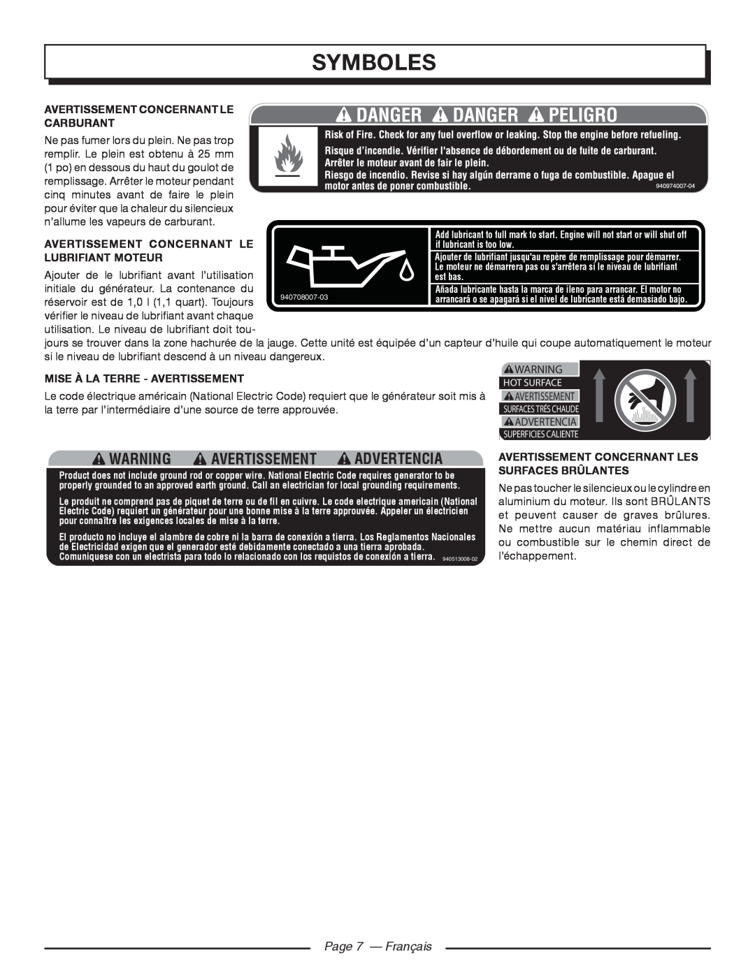 Homelite HGCA5700 Page 7 — Français, Symboles, Warning Avertissement Advertencia, Avertissement Concernant Le Carburant 