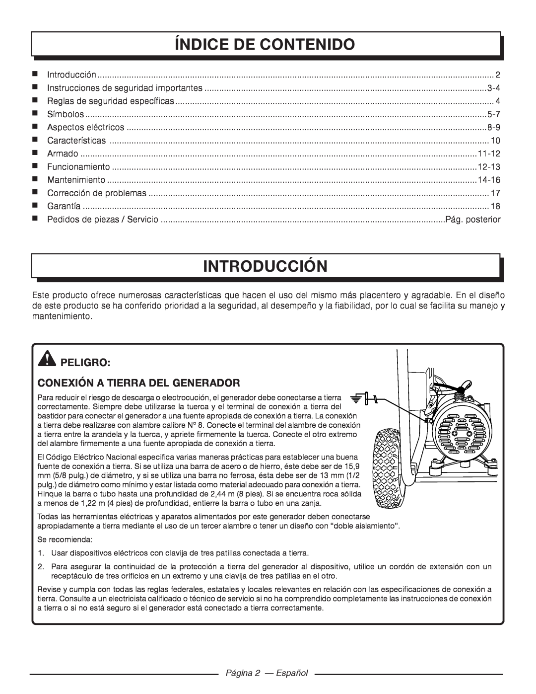 Homelite HGCA5700 Índice De Contenido, Introducción, peligro Conexión a tierra del generador, Página 2 — Español 