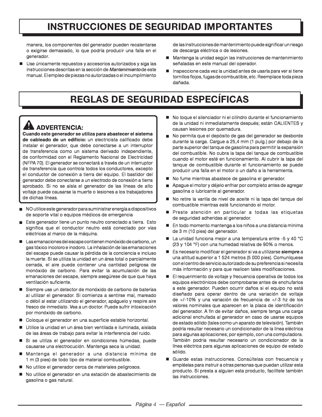 Homelite HGCA5700 Reglas De Seguridad Específicas, Página 4 — Español, Instrucciones de seguridad importantes, Advertencia 