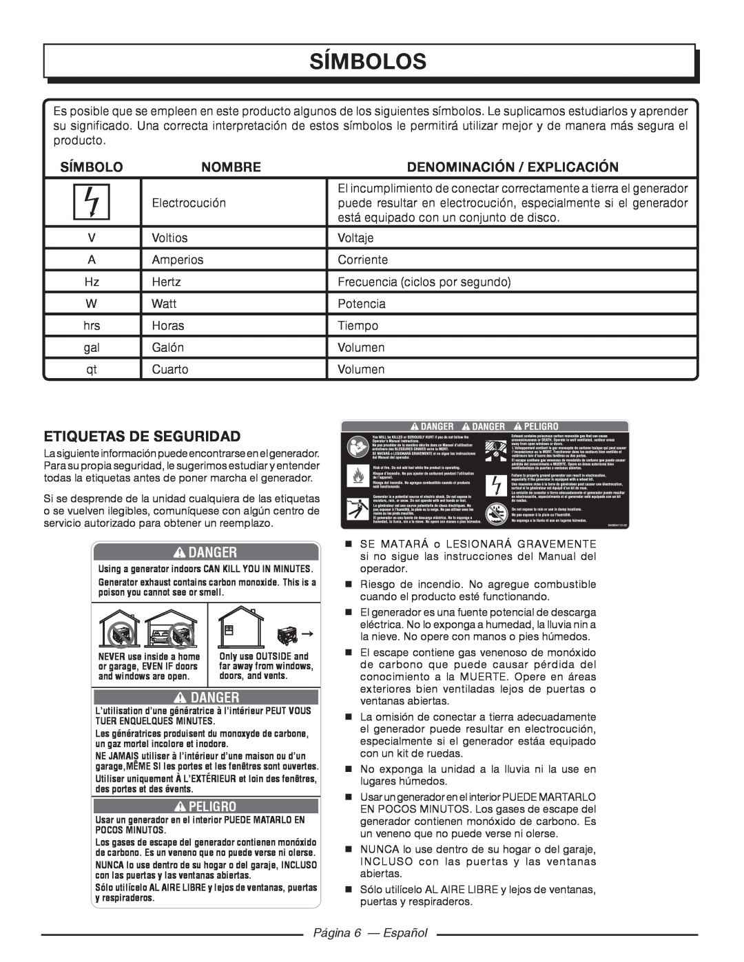 Homelite HGCA5700 Etiquetas De Seguridad, Danger, Página 6 — Español, Símbolos, Nombre, Denominación / Explicación 