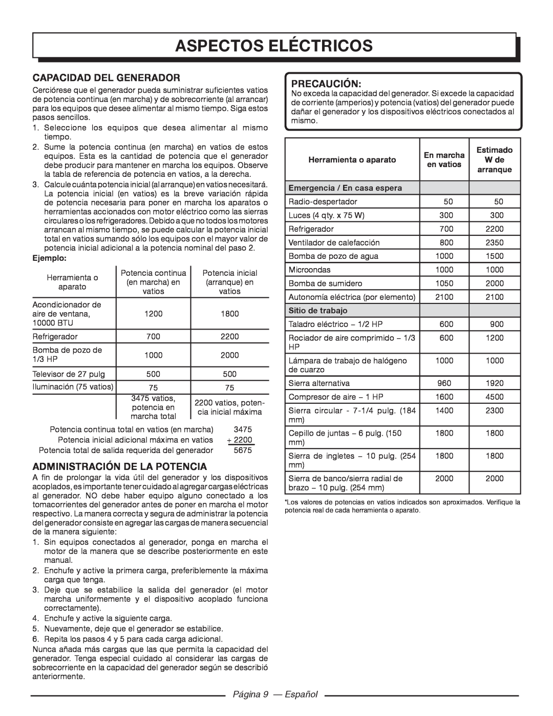 Homelite HGCA5700 Capacidad del generador, Administración De La Potencia, Página 9 — Español, aspectos eléctricos 
