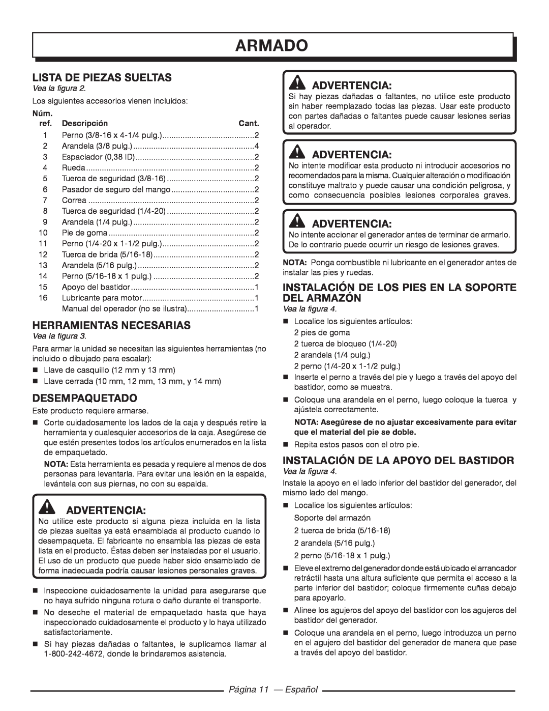 Homelite HGCA5700 Armado, Lista de piezas sueltas, Herramientas necesarias, Desempaquetado, Página 11 — Español 