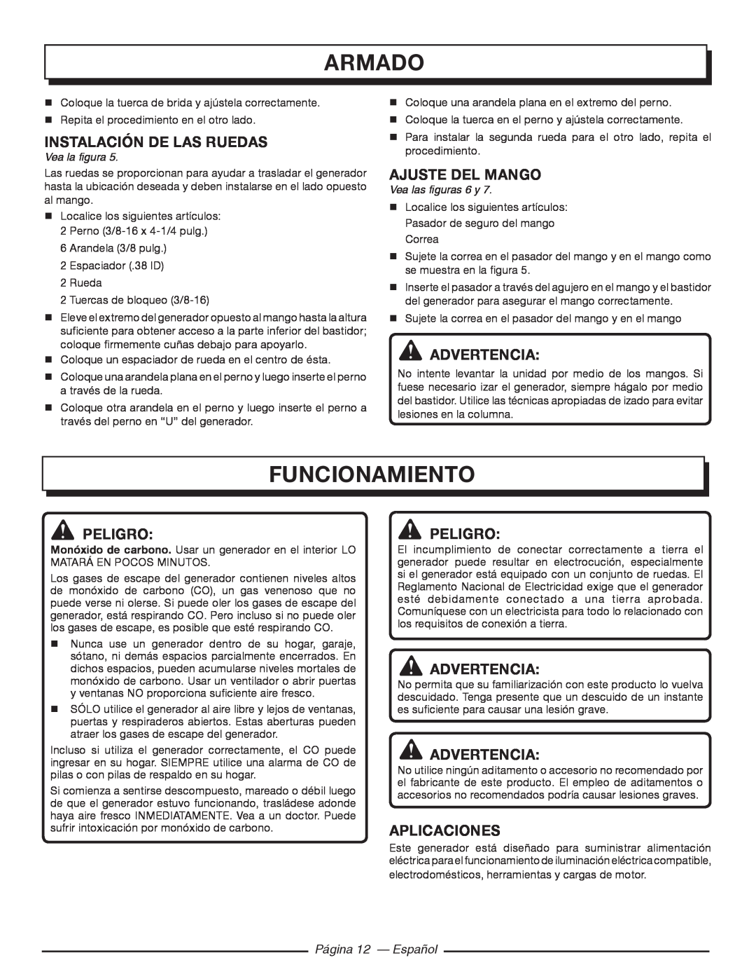 Homelite HGCA5700 armado, Funcionamiento, instalación de las ruedas, Ajuste del mango, Aplicaciones, Página 12 — Español 