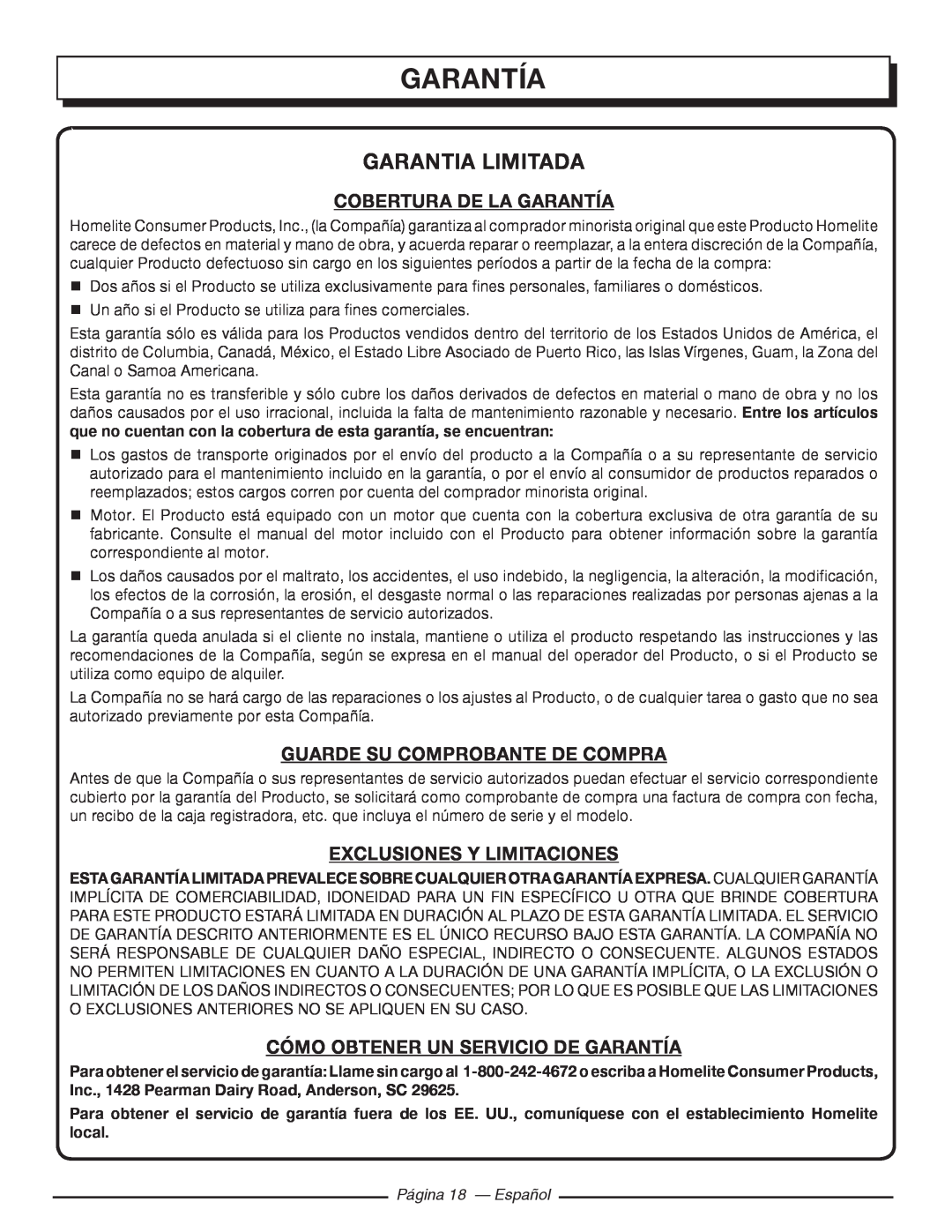 Homelite HGCA5700 Garantia Limitada, Cobertura De La Garantía, Guarde Su Comprobante De Compra, Página 18 — Español 