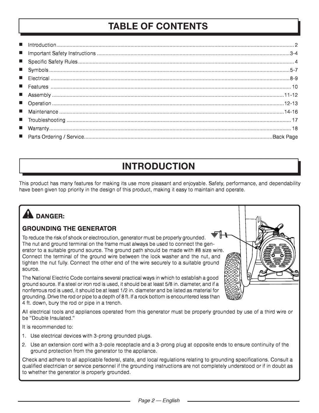 Homelite HGCA5700 manuel dutilisation Introduction, Table Of Contents, danger Grounding the Generator, Page 2 — English 