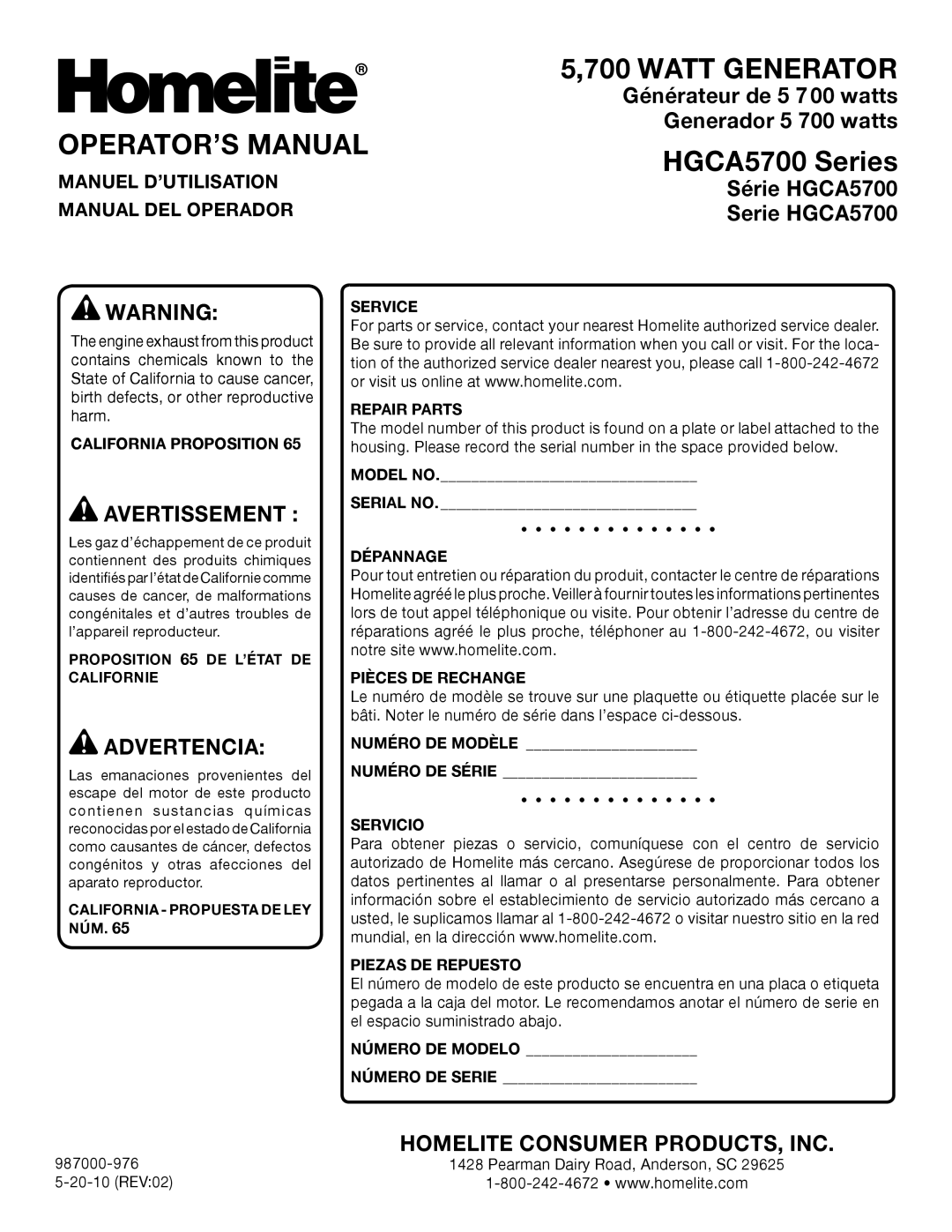 Homelite HGCA5700 Operator’S Manual, 5,700 WATT GENERATOR, Générateur de 5 7 00 watts, Generador 5 700 watts, Advertencia 