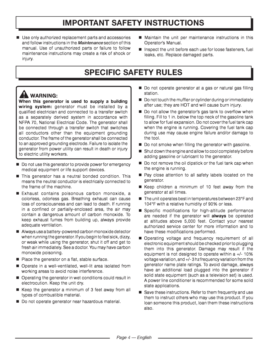 Homelite HGCA5700 manuel dutilisation Specific Safety Rules, Page 4 — English, important safety instructions 