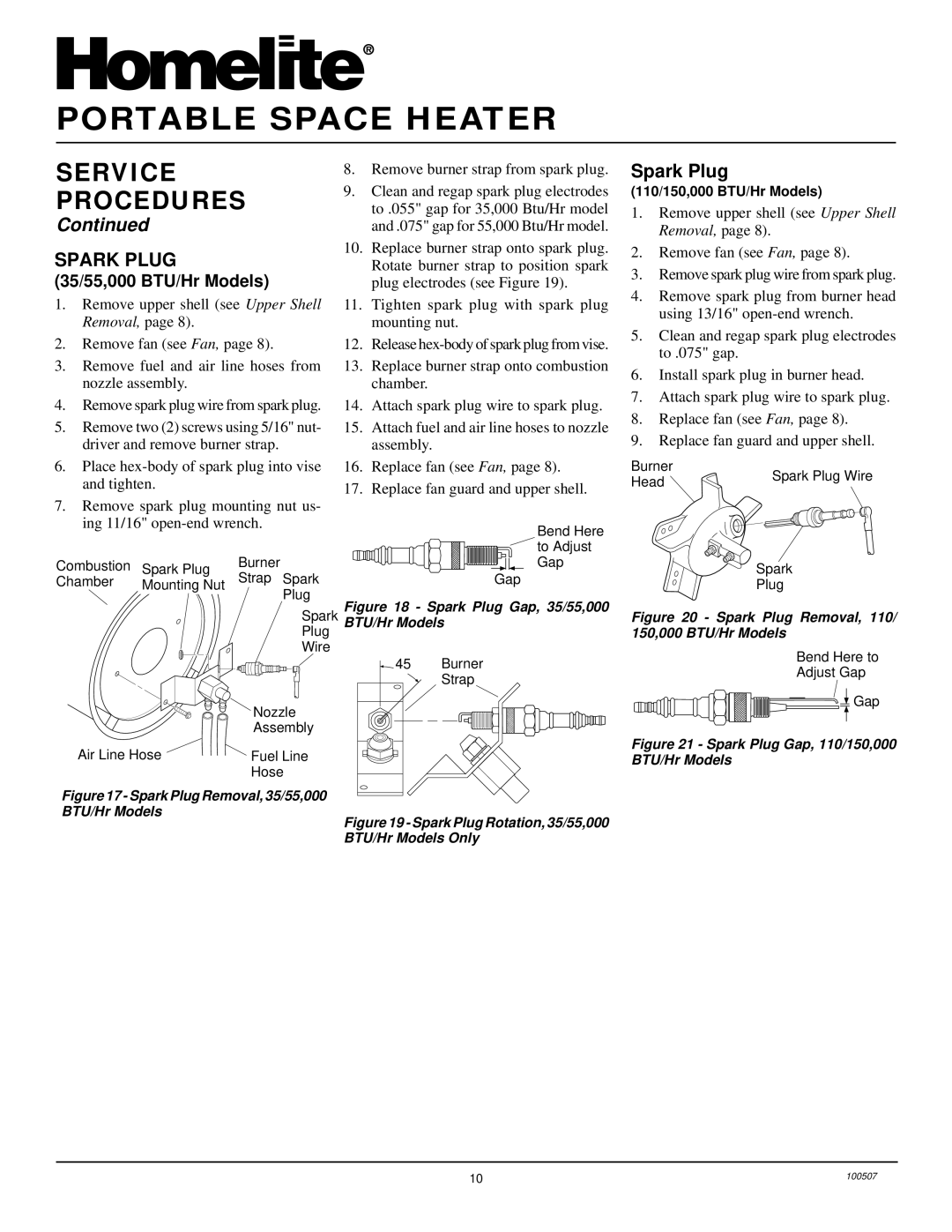 Homelite HH55, HH35A, HH110 & HH150A Service, Spark Plug, 35/55,000 BTU/Hr Models, Removal, Mounting nut Remove fan see Fan 