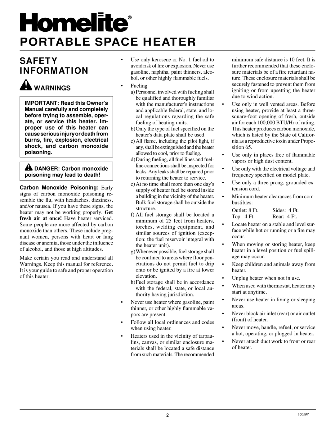 Homelite HH110 & HH150A, HH35A, HH55 owner manual Portable Space Heater, Safety Information 