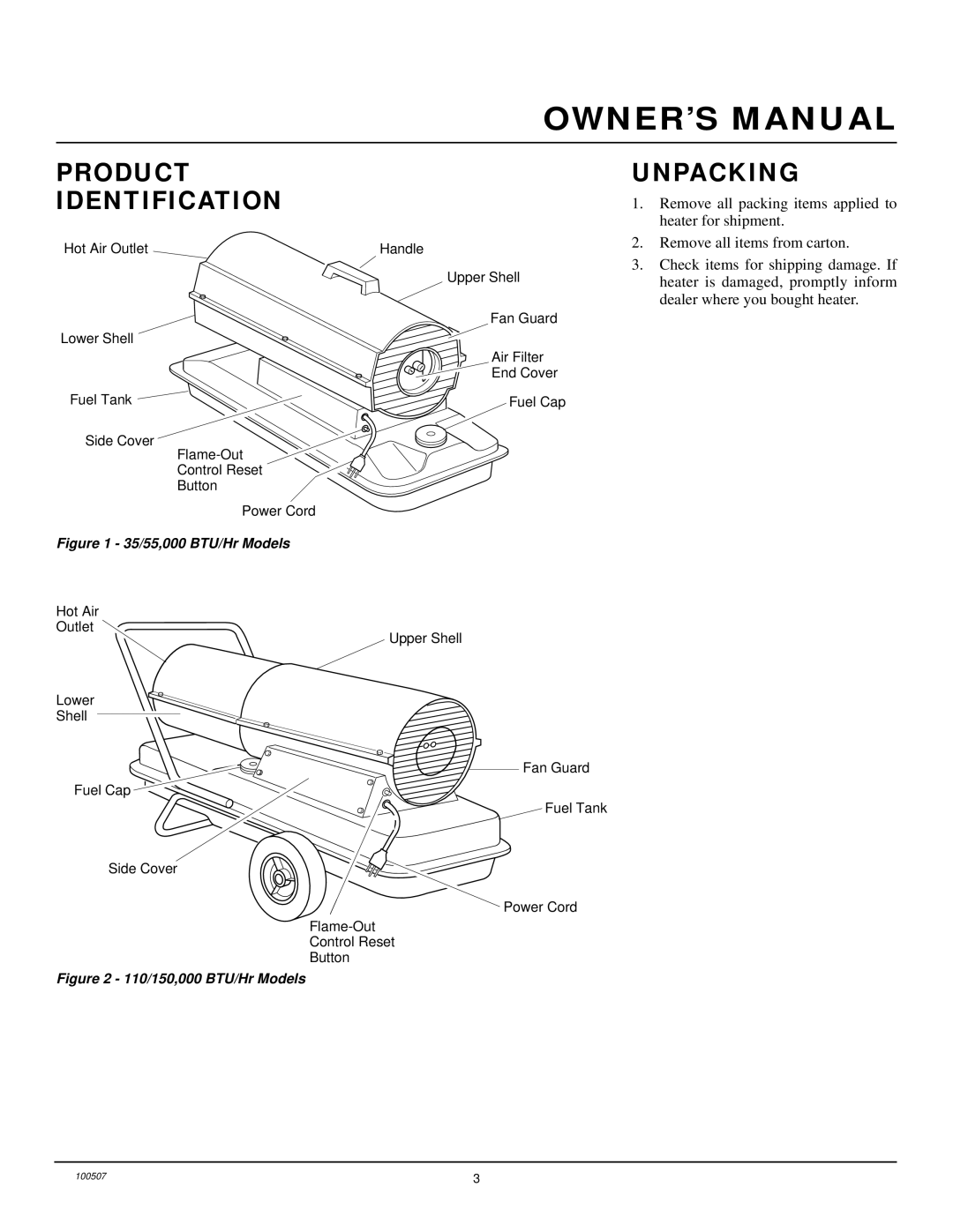 Homelite HH35A, HH55, HH110 & HH150A owner manual Product Identification, Unpacking 