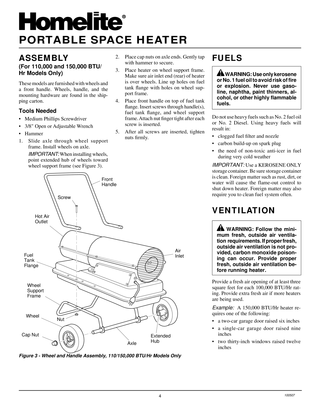 Homelite HH55, HH35A owner manual Assembly, Fuels, Ventilation, For 110,000 and 150,000 BTU/ Hr Models Only, Tools Needed 