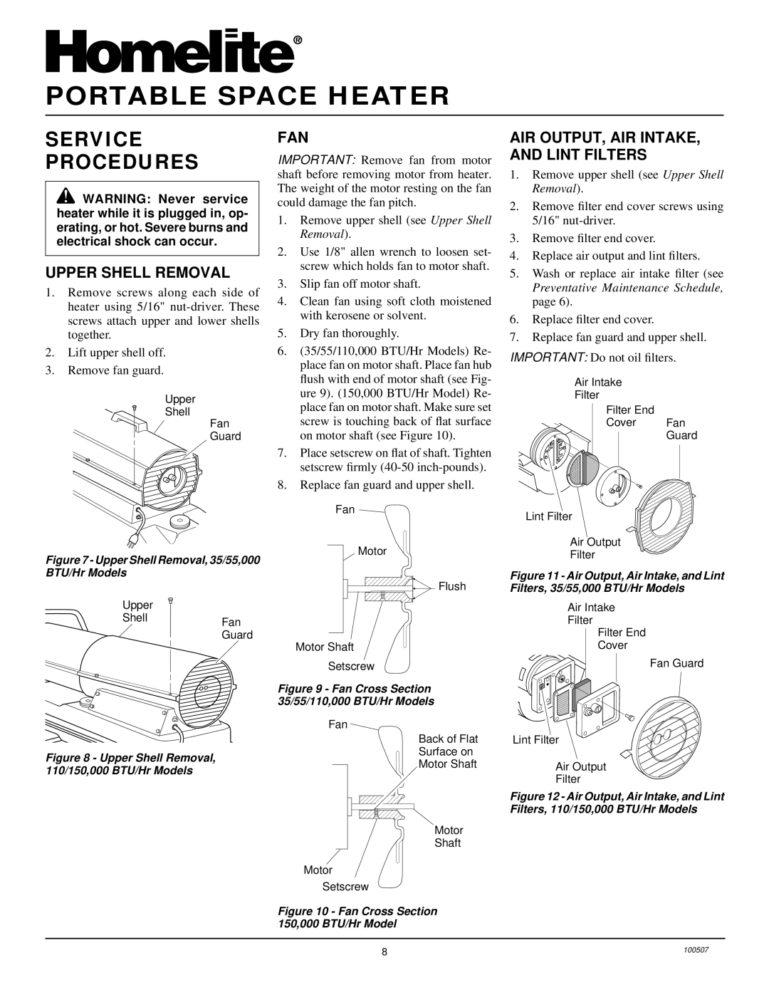 Homelite HH110 & HH150A, HH35A, HH55 Service Procedures, Upper Shell Removal, Fan, AIR OUTPUT, AIR INTAKE, and Lint Filters 