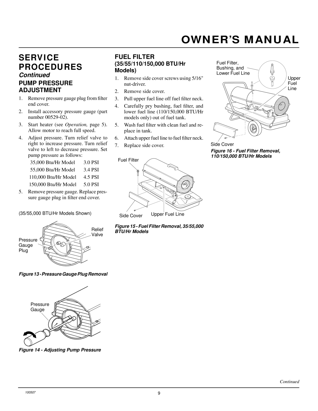 Homelite HH35A, HH55, HH110 & HH150A owner manual Pump Pressure Adjustment, Fuel Filter, 35/55/110/150,000 BTU/Hr Models 