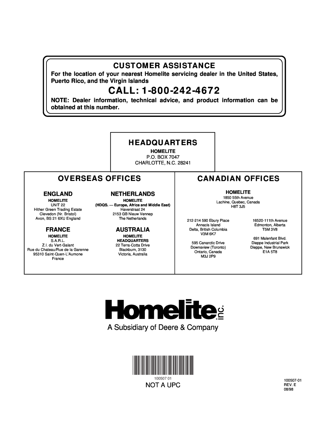 Homelite HH55 Not A Upc, France, Australia, Call, Customer Assistance, Headquarters, Overseas Offices, Canadian Offices 
