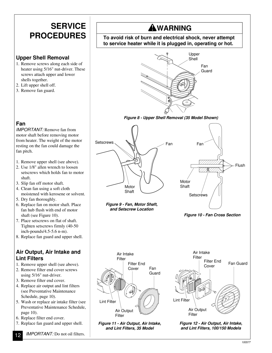 Homelite HHC35A, HHC100A, HHC150A Service Procedures, Upper Shell Removal, Fan, Air Output, Air Intake and Lint Filters 