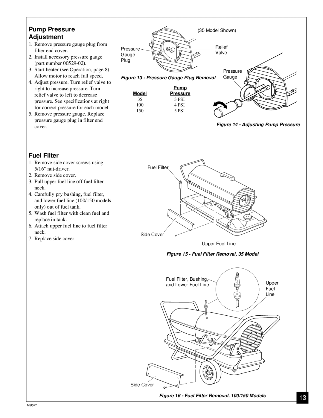 Homelite HHC100A, HHC35A, HHC150A owner manual Pump Pressure Adjustment, Fuel Filter 