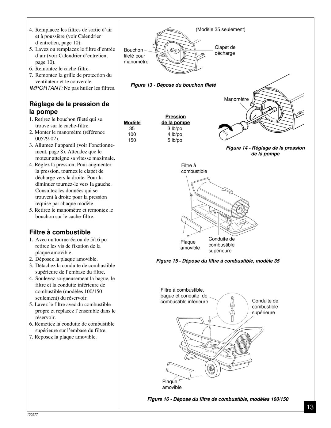 Homelite HHC35A, HHC100A, HHC150A owner manual Ré glage de la pression de, La pompe, Filtre à combustible 