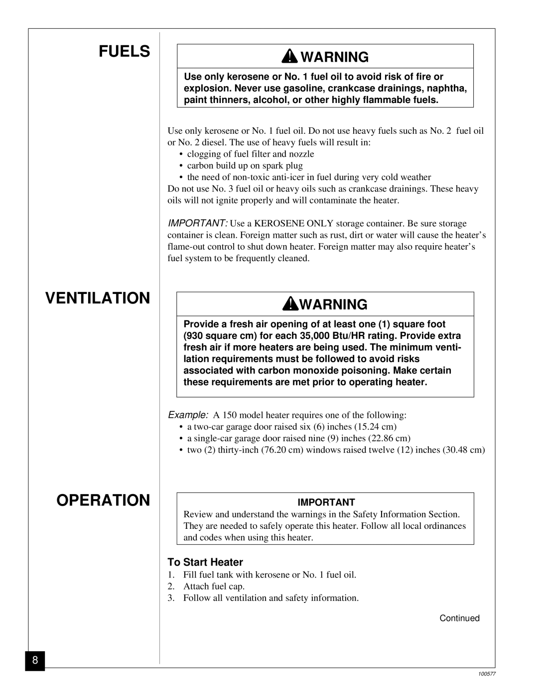 Homelite HHC150A, HHC35A, HHC100A owner manual Fuels Ventilation Operation, To Start Heater 