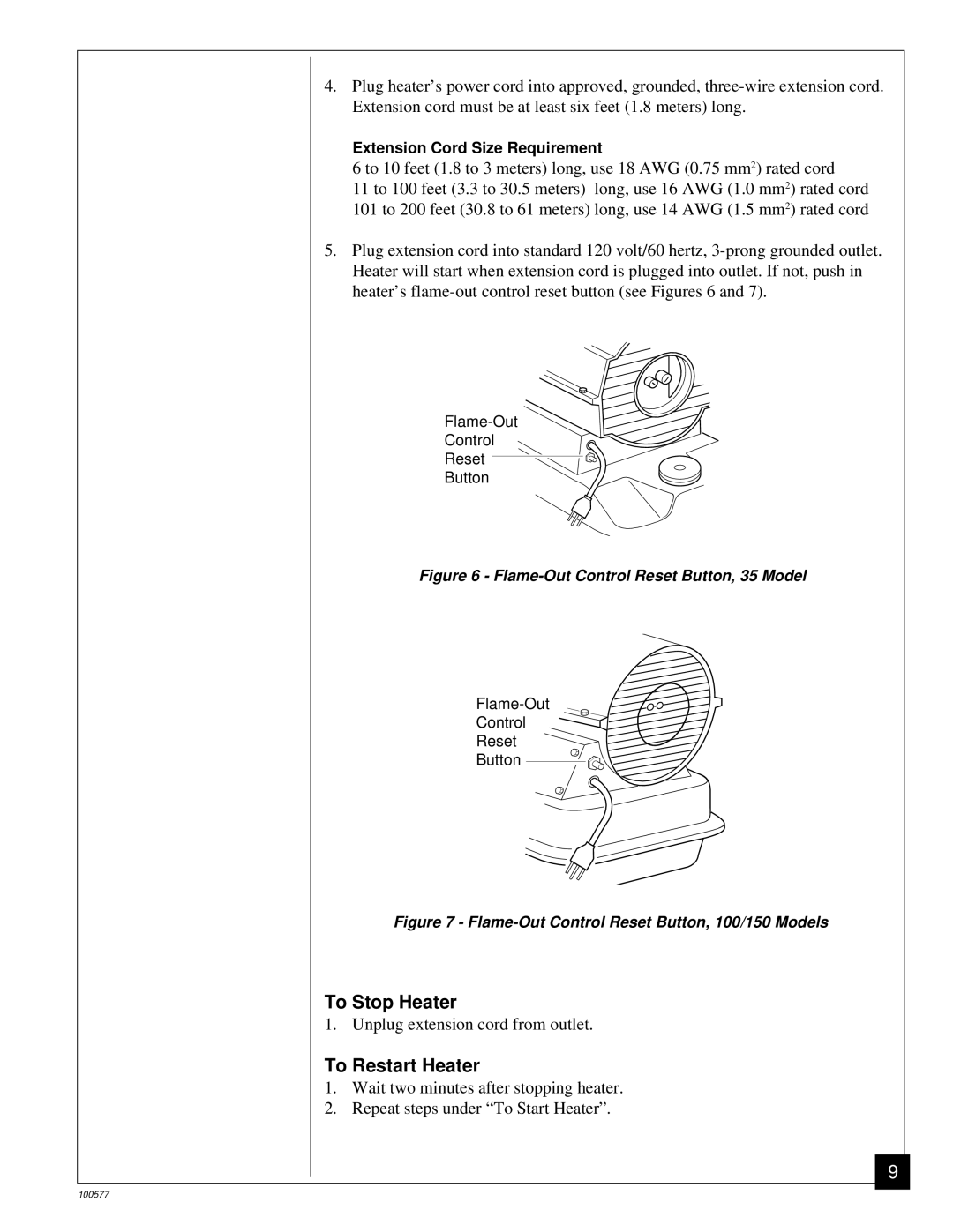 Homelite HHC35A, HHC100A, HHC150A owner manual To Stop Heater, To Restart Heater 