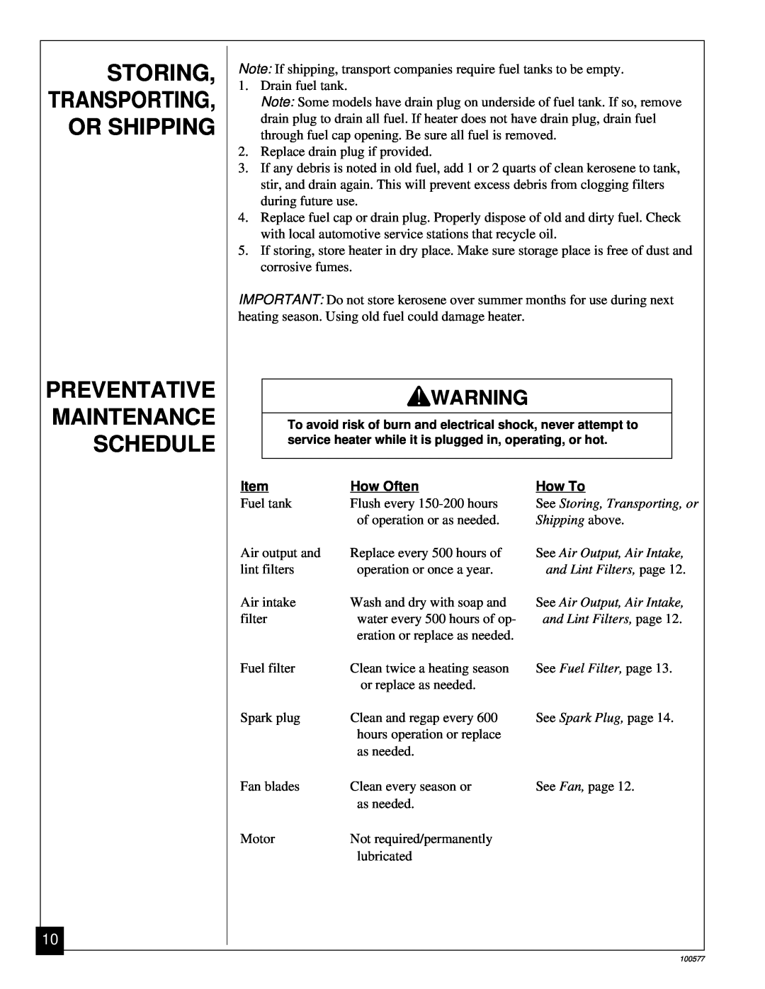 Homelite HHC100A Storing, Preventative Maintenance Schedule, Transporting, Or Shipping, How Often, How To, Shipping above 