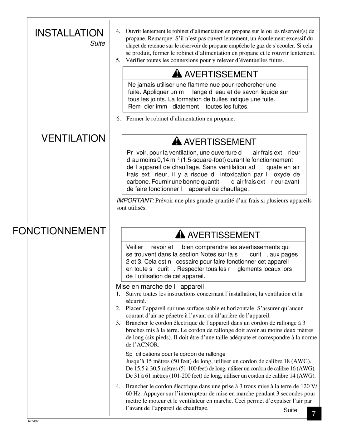 Homelite HHC50LP owner manual Ventilation Fonctionnement, Mise en marche de l’appareil 