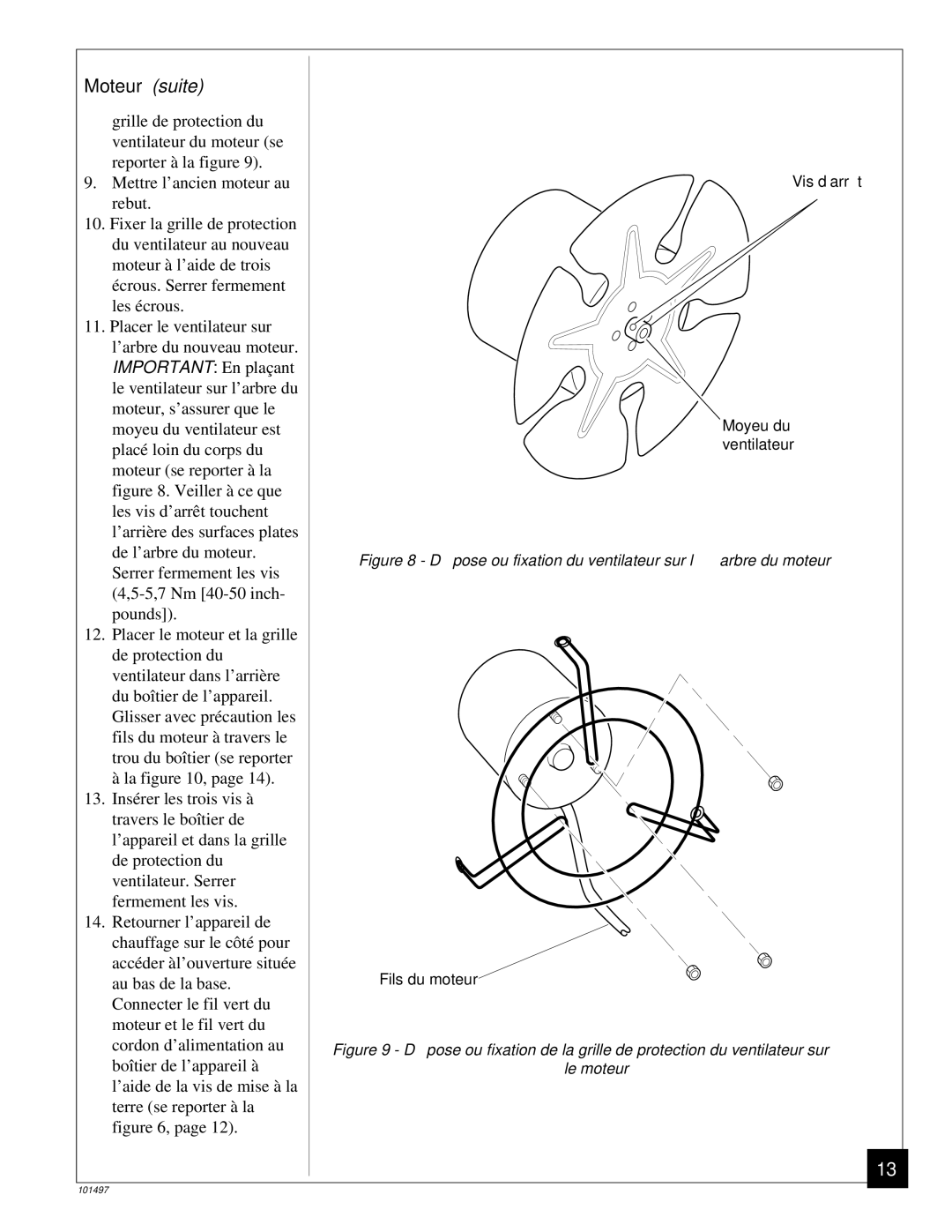 Homelite HHC50LP owner manual Moteur suite, Dé pose ou fixation du ventilateur sur l’arbre du moteur 