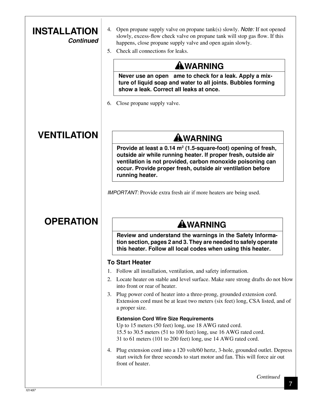 Homelite HHC50LP owner manual Installation Ventilation Operation, To Start Heater 