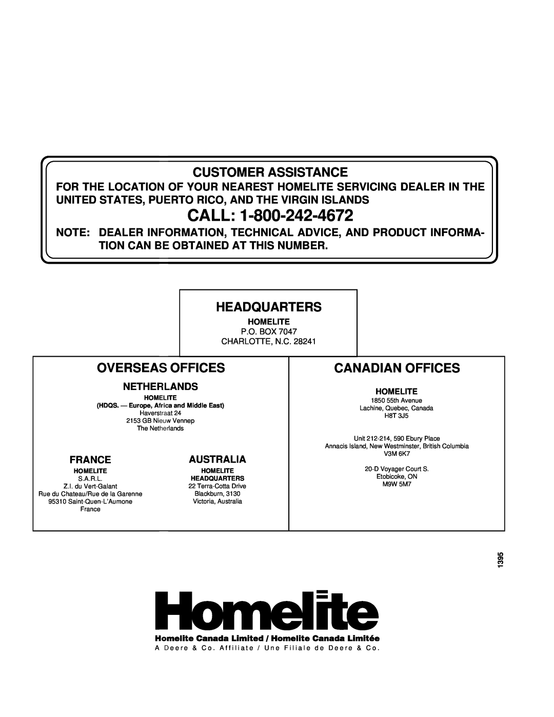 Homelite HHC50LP owner manual Call, Customer Assistance, Headquarters, Overseas Offices, Canadian Offices 