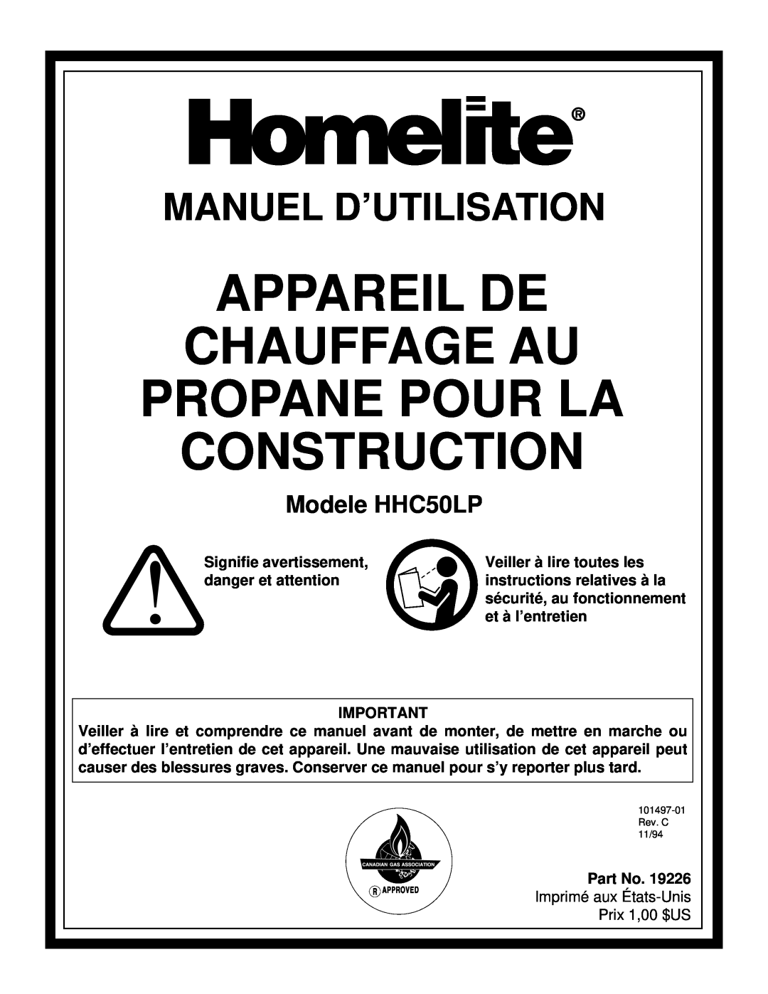 Homelite owner manual Appareil De Chauffage Au Propane Pour La, Construction, Manuel D’Utilisation, Modele HHC50LP 