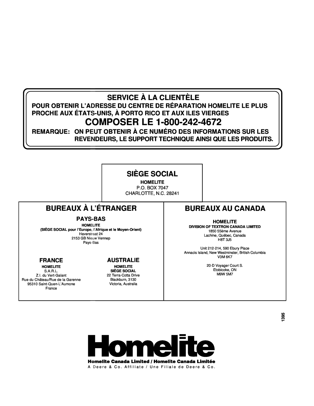 Homelite HHC50LP Composer Le, Service À La Clientè Le, Siè Ge Social, Bureaux À L’É Tranger, Bureaux Au Canada, Pays-Bas 